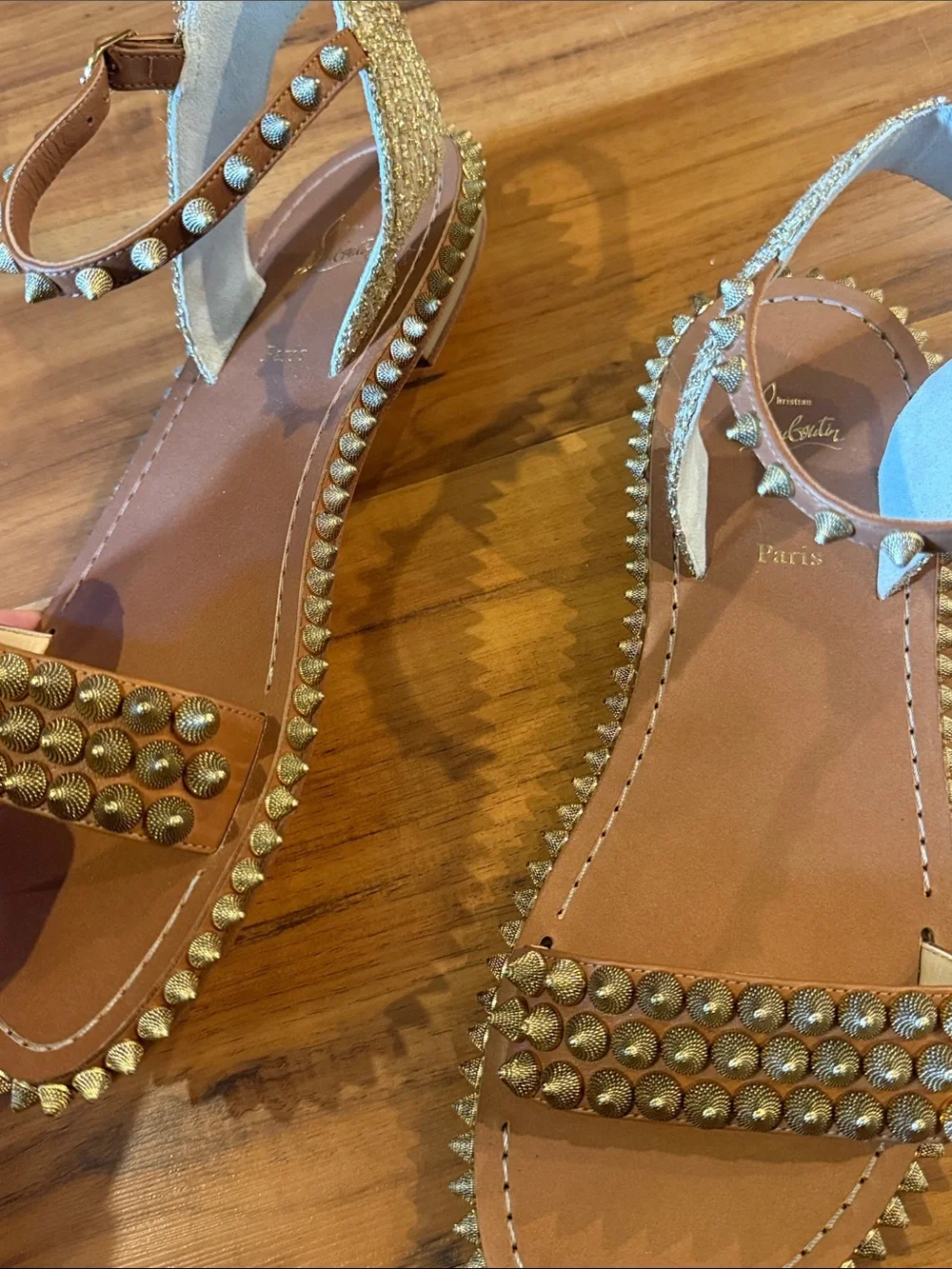 Christian Louboutin Brown Leather Studded Flat Sandals with Gold Spikes size 40